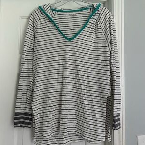 Toad&Co Grey and White Striped Long Sleeve Tee with Teal Accent Hood Top Layer